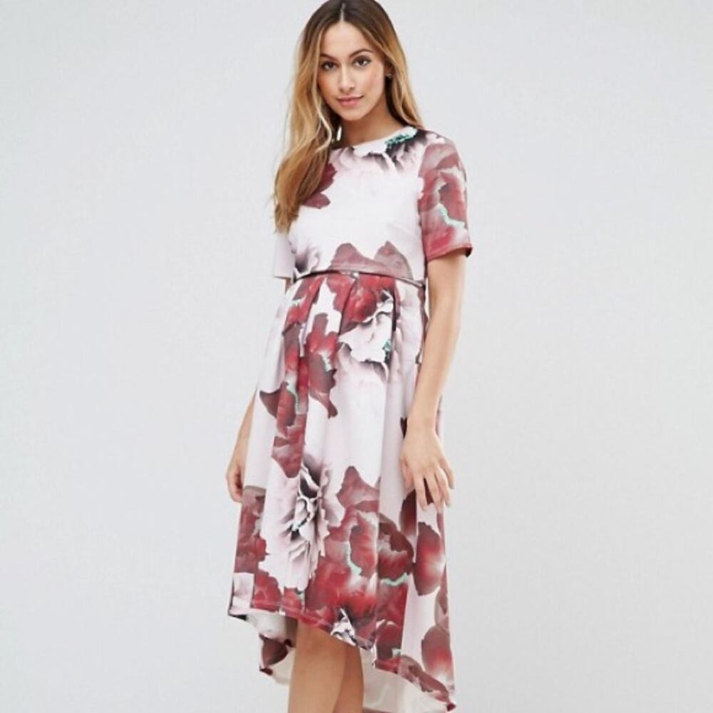 ASOS Women's Maternity Floral Print Hi-Low Pink Dress NEW Size 12